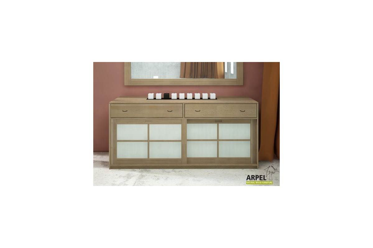 Shoji Sideboard In Solid Beech Wood With 2 Drawers Fabric Doors