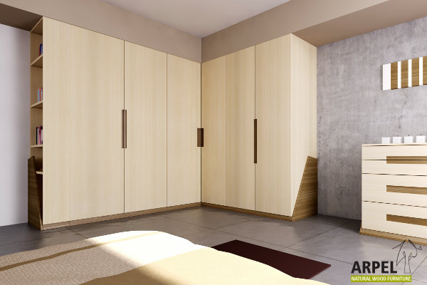 Bedroom in origami style, corner wardrobe